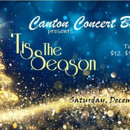 Holiday concert poster with sparkling tree and event details.