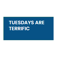 Inspirational slogan 'Tuesdays Are Terrific' on blue background.
